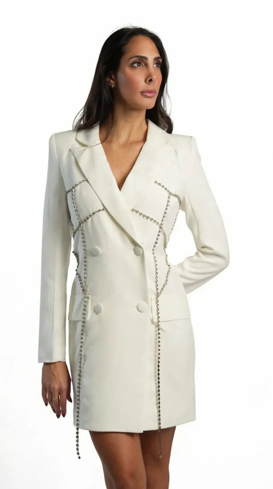 Divamo - White Blazer Dress with Crystal Chain Detailing