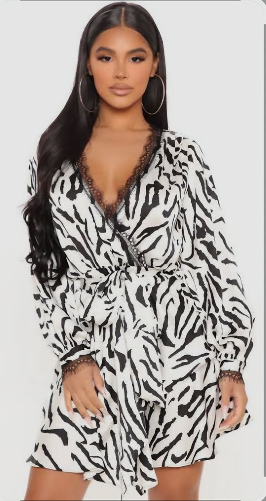 Divamo - Zebra Print Wrap Dress with Lace Trim