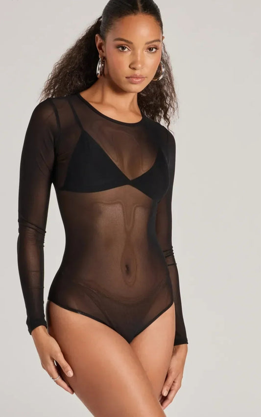 Divamo - Sheer Black Mesh Long Sleeve Bodysuit