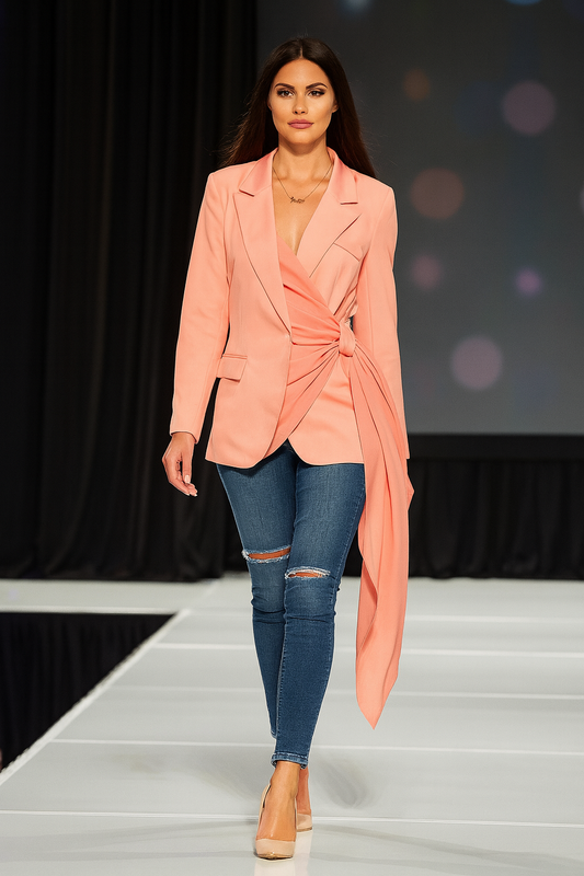 Divamo - Chic Coral Wrap Blazer with Statement Tie Detail