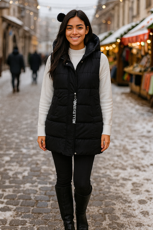 DIvamo - Black Longline Puffer Vest with Hood