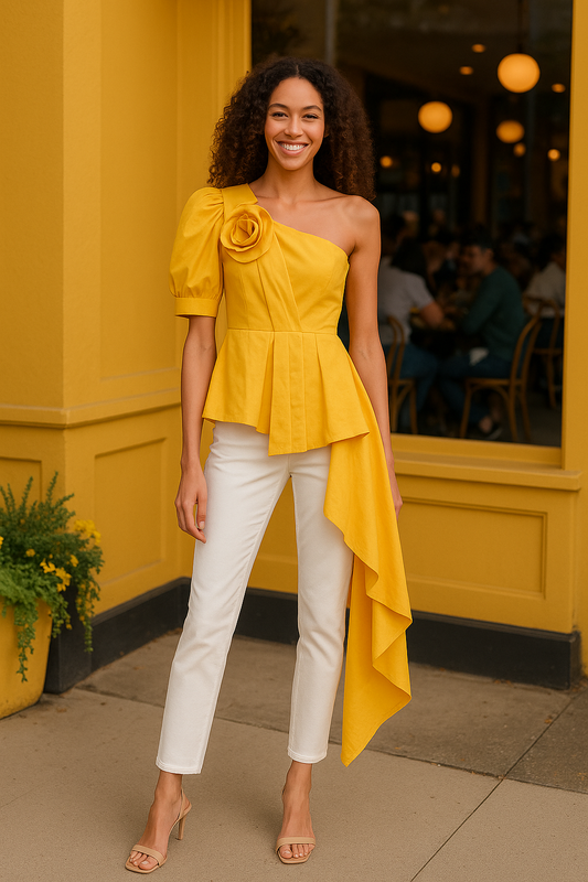 Divamo - One-Shoulder Yellow Statement Top with Asymmetrical Hem