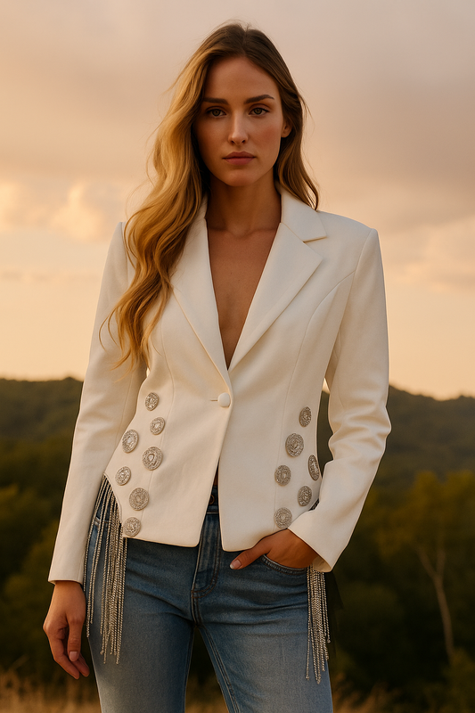 Divamo - White Blazer Jacket with silver spiral embellishments