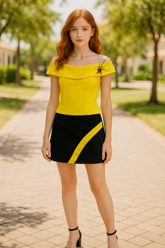 Divamo - Yellow & Black Off-Shoulder Mini Set – Bold & Elegant