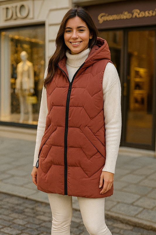 Divamo - Rust Quilted Puffer Vest with Hood