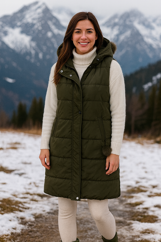 Divamo - Olive Green Long Quilted Puffer Vest with Hood