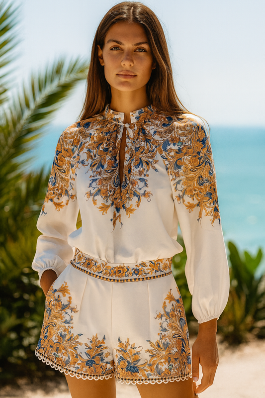Divamo - Bohemian White Printed Two-Piece Set (Blouse & Shorts)