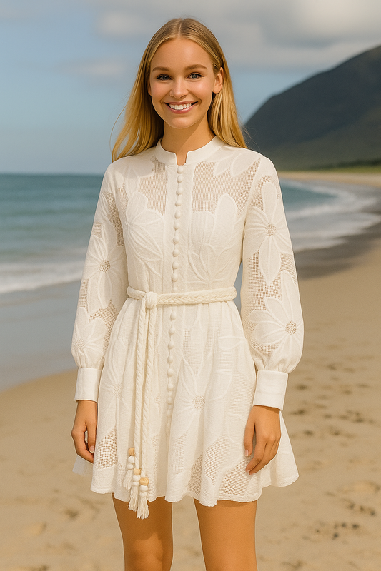 Divamo - Long puff sleeves floral embroidery Short Dress - White